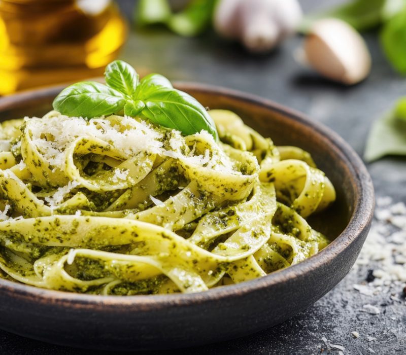 Fresh pasta served with creamy pesto sauce and shaved parmesan cheese